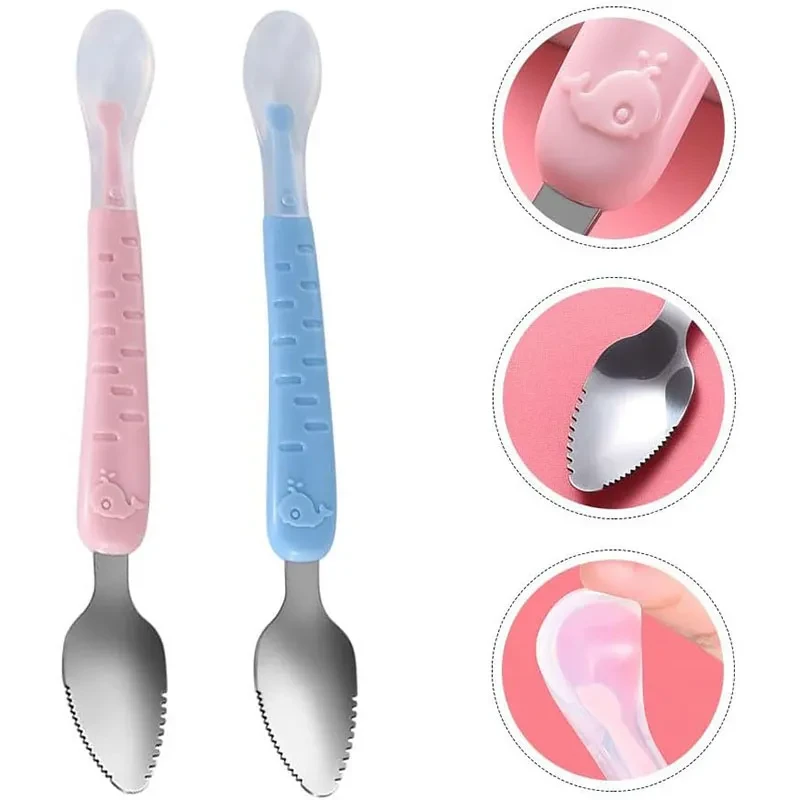 2 In 1 Children's Baby Feeding Spoon Baby Scraper Apple Puree Spoon Set Complementary Food Scraper Double-headed Stainless Steel Fruit Puree Tool - Multicolor